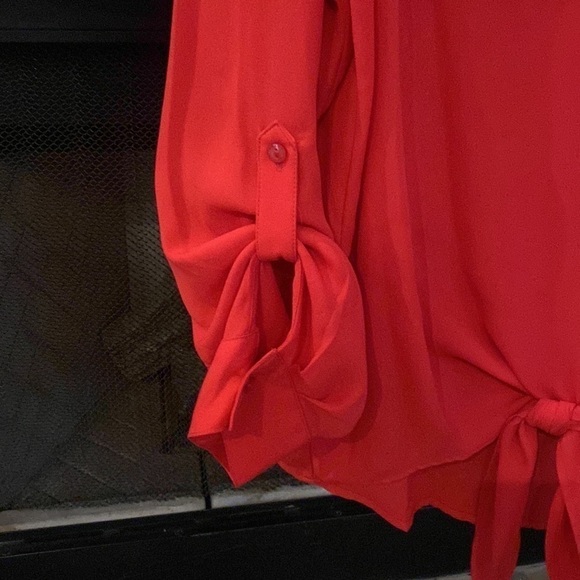 Allison Daley Red button down blouse with front tie and unique rolled sleeves.1X - Picture 2 of 6